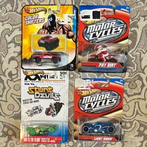 4 Hot Wheels Vehicles from 2012: 2 Motorcycles, 1 Colour Shifter & 1 Stunt Devil